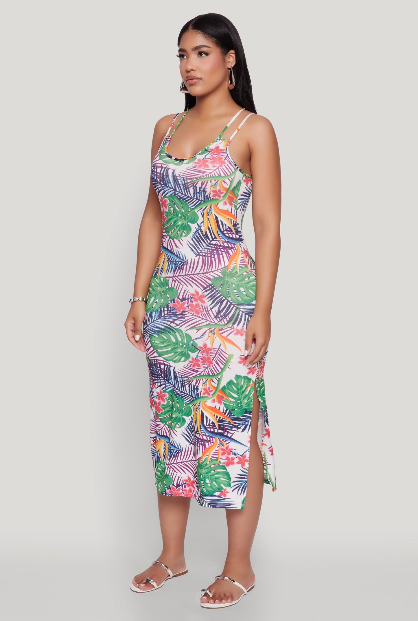 Tropical Print Double Strap Cami Dress