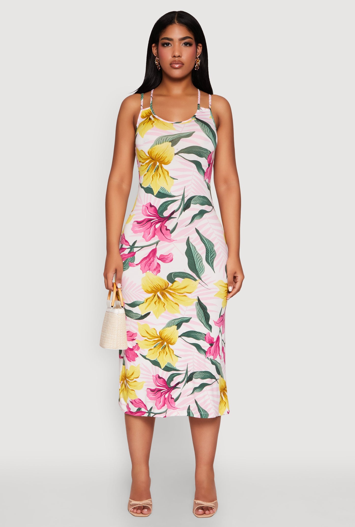 Tropical Floral Print Double Strap Cami Dress