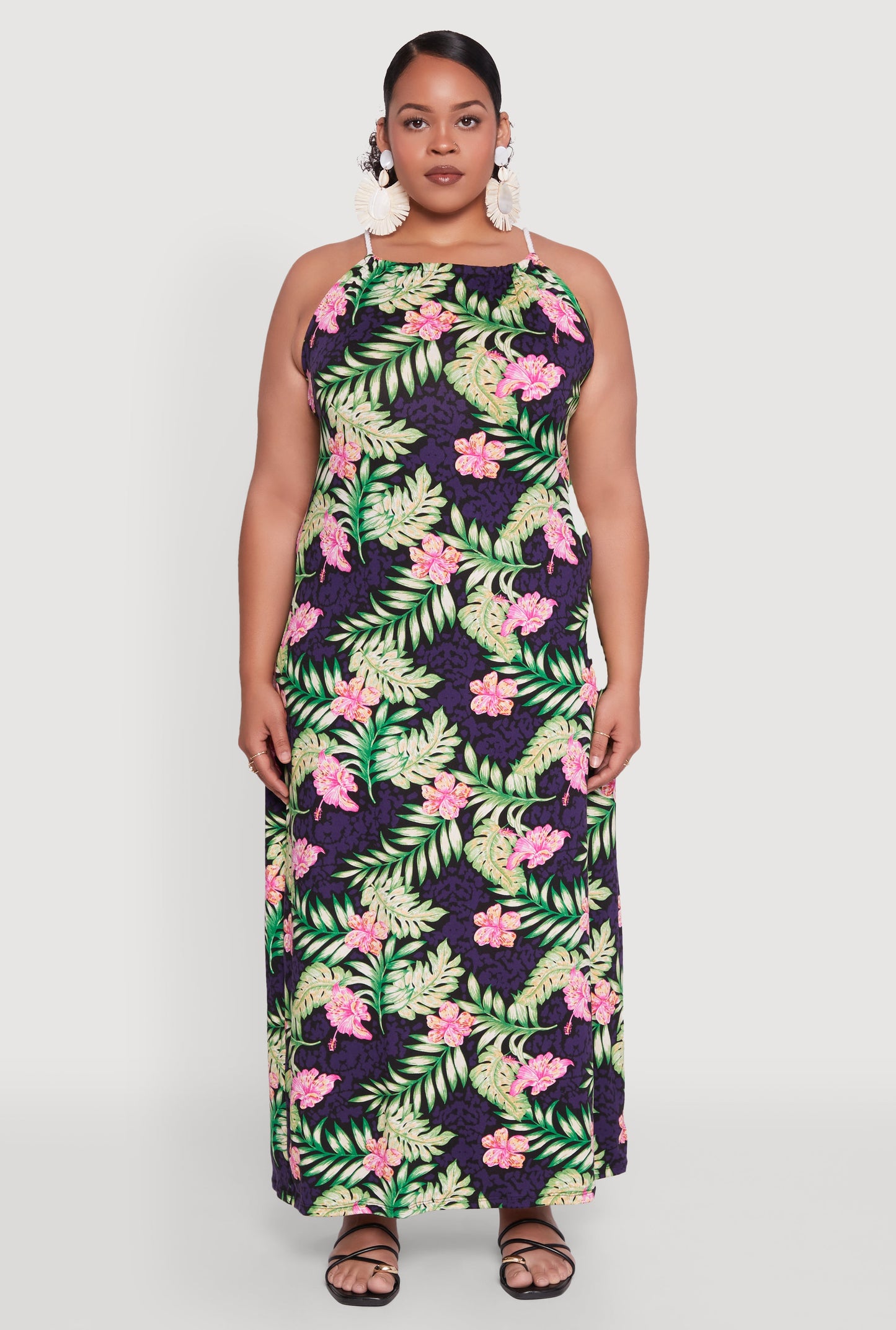 Plus Size Leaf Print Rope Strap Maxi Dress