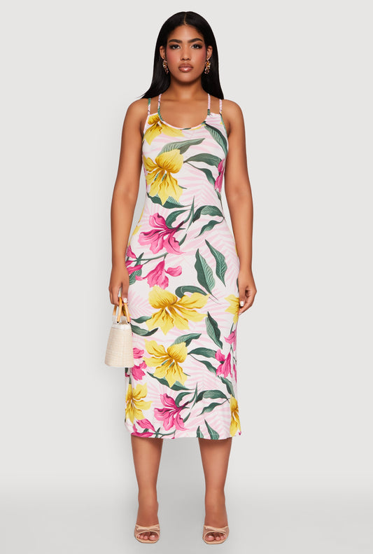 Tropical Floral Print Double Strap Cami Dress
