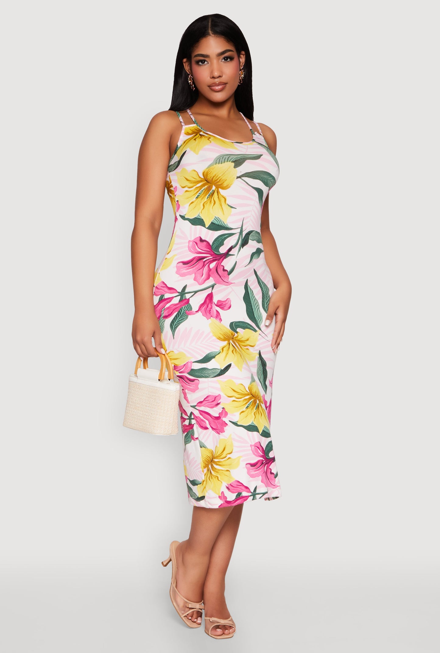 Tropical Floral Print Double Strap Cami Dress