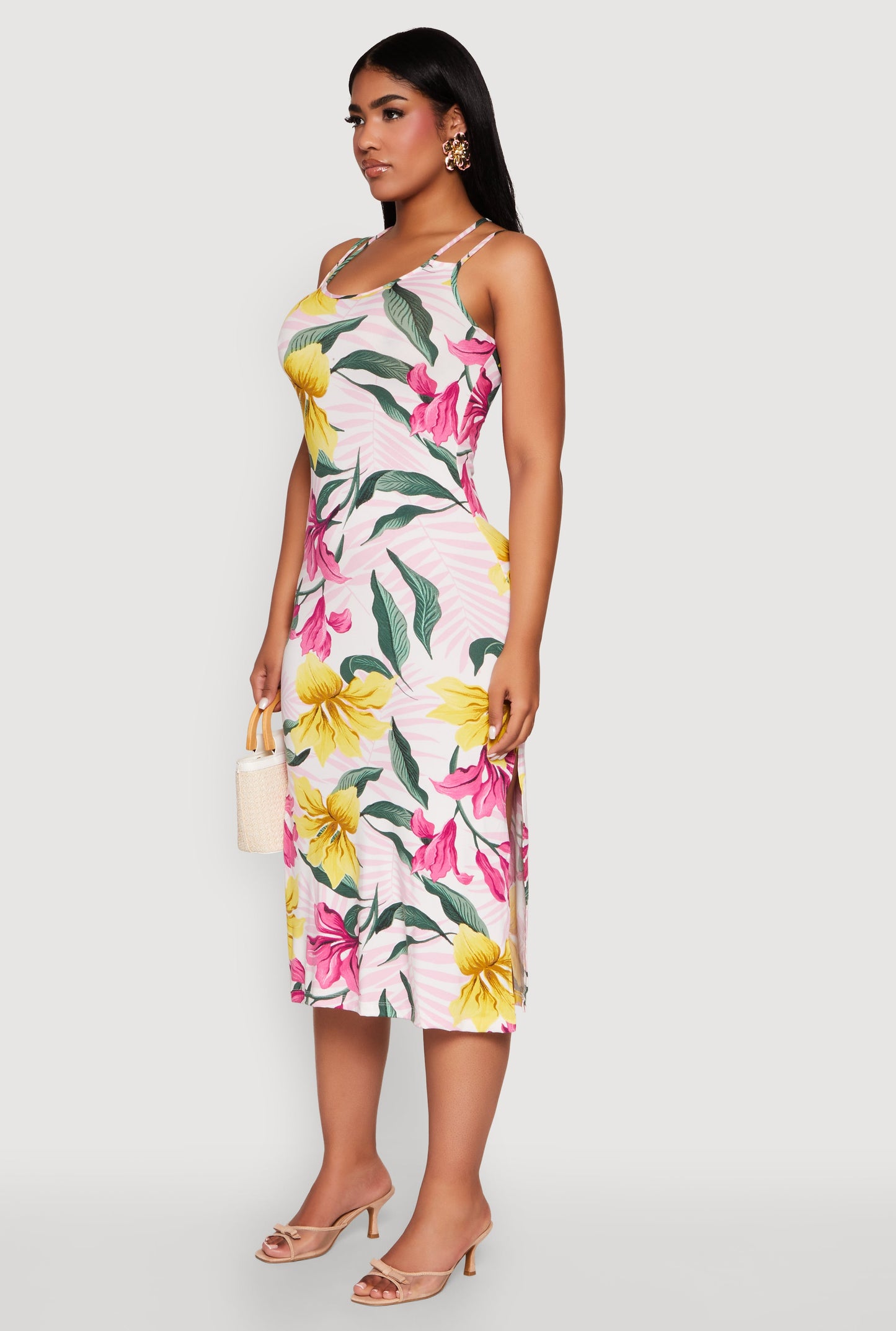 Tropical Floral Print Double Strap Cami Dress