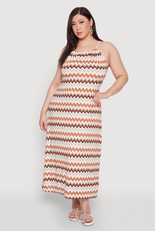 Plus Size Chevron Print Rope Strap Maxi Dress