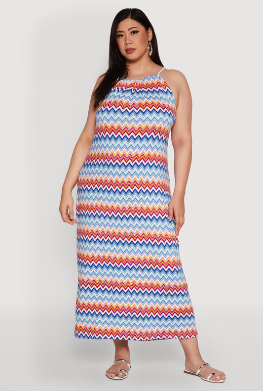 Plus Size Chevron Print Rope Strap Maxi Dress