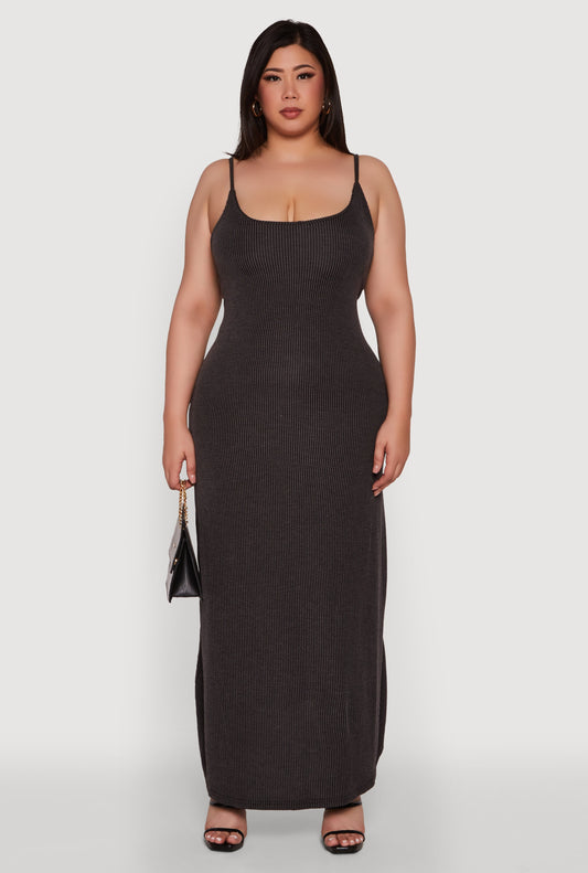 Plus Size Textured Knit Scoop Neck Spaghetti Strap Cami Dress