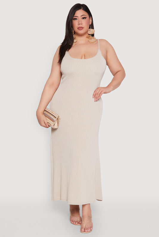Plus Size Textured Knit Scoop Neck Spaghetti Strap Cami Dress