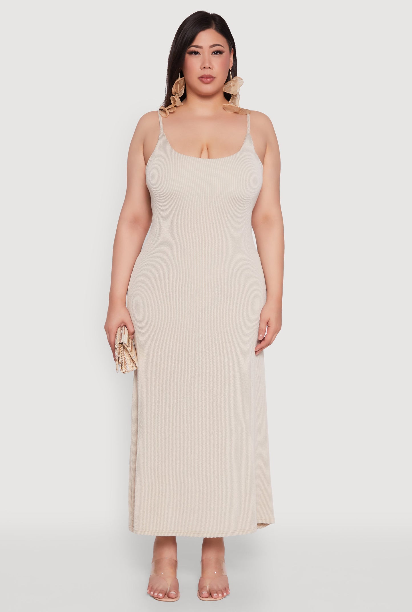 Plus Size Textured Knit Scoop Neck Spaghetti Strap Cami Dress