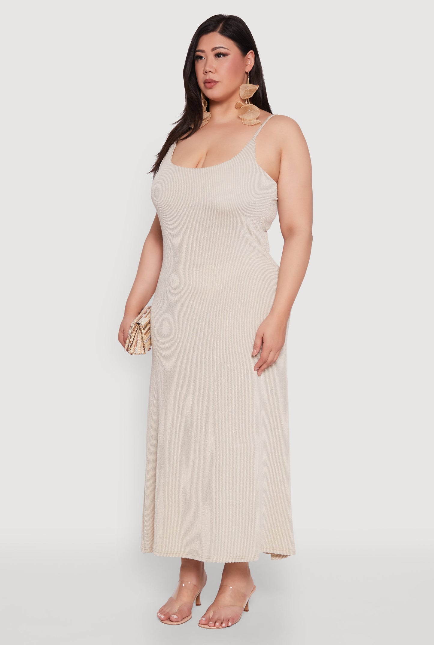 Plus Size Textured Knit Scoop Neck Spaghetti Strap Cami Dress