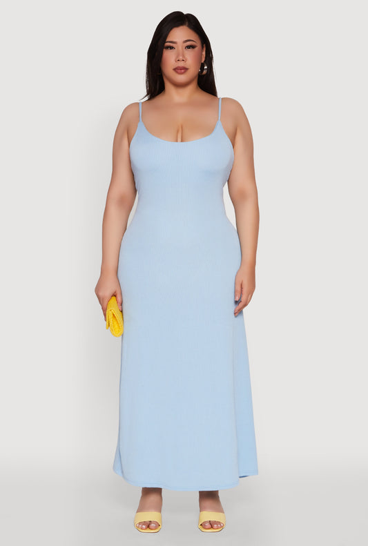 Plus Size Textured Knit Scoop Neck Spaghetti Strap Cami Dress