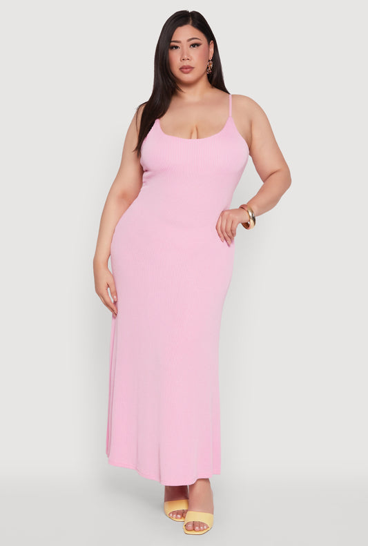 Plus Size Textured Knit Scoop Neck Spaghetti Strap Cami Dress
