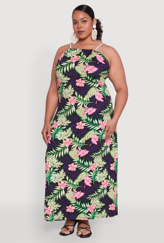 Plus Size Leaf Print Rope Strap Maxi Dress