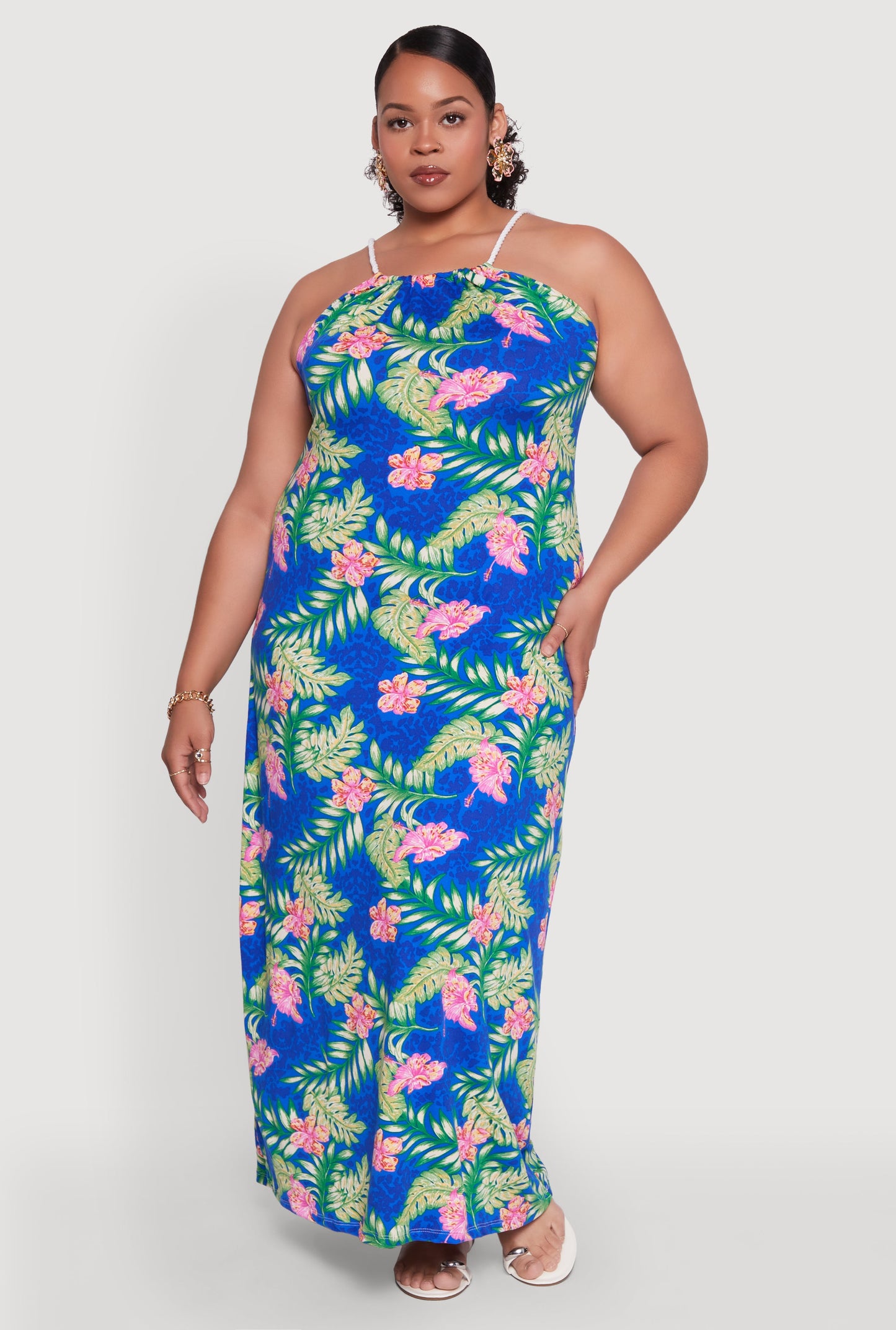Plus Size Leaf Print Rope Strap Maxi Dress
