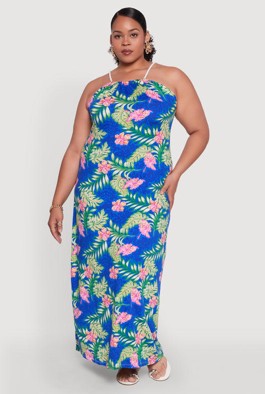 Plus Size Leaf Print Rope Strap Maxi Dress