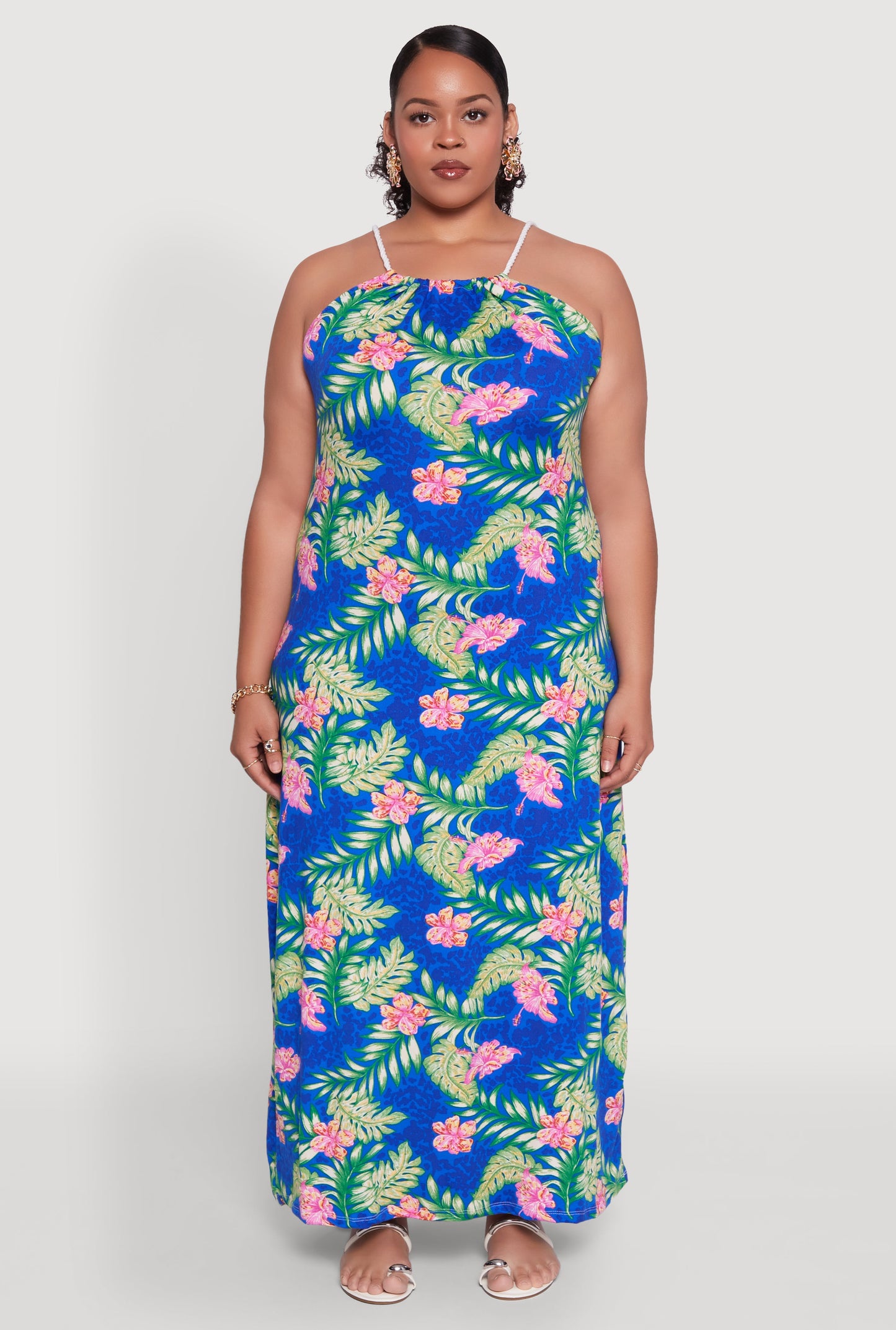 Plus Size Leaf Print Rope Strap Maxi Dress