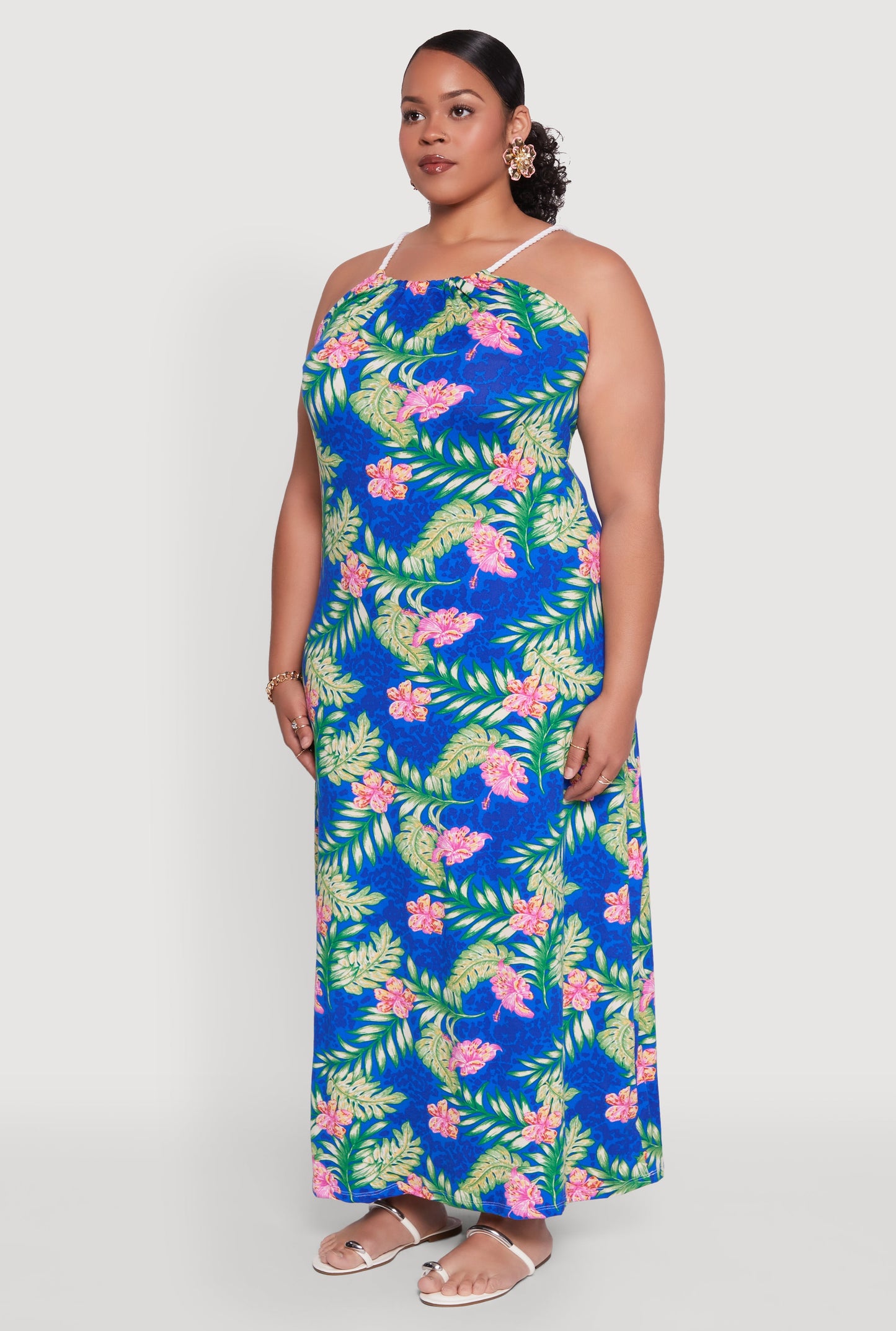 Plus Size Leaf Print Rope Strap Maxi Dress
