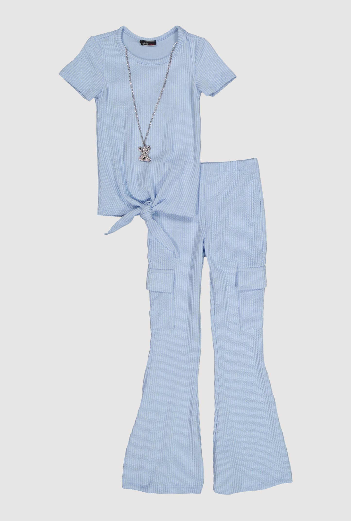 Little Girls Textured Rib Knit Top with Necklace and Flare Pants